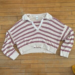 EUC PINK Victoria's Secret Cream Cropped V-Neck Sweater with Burgundy Stripes